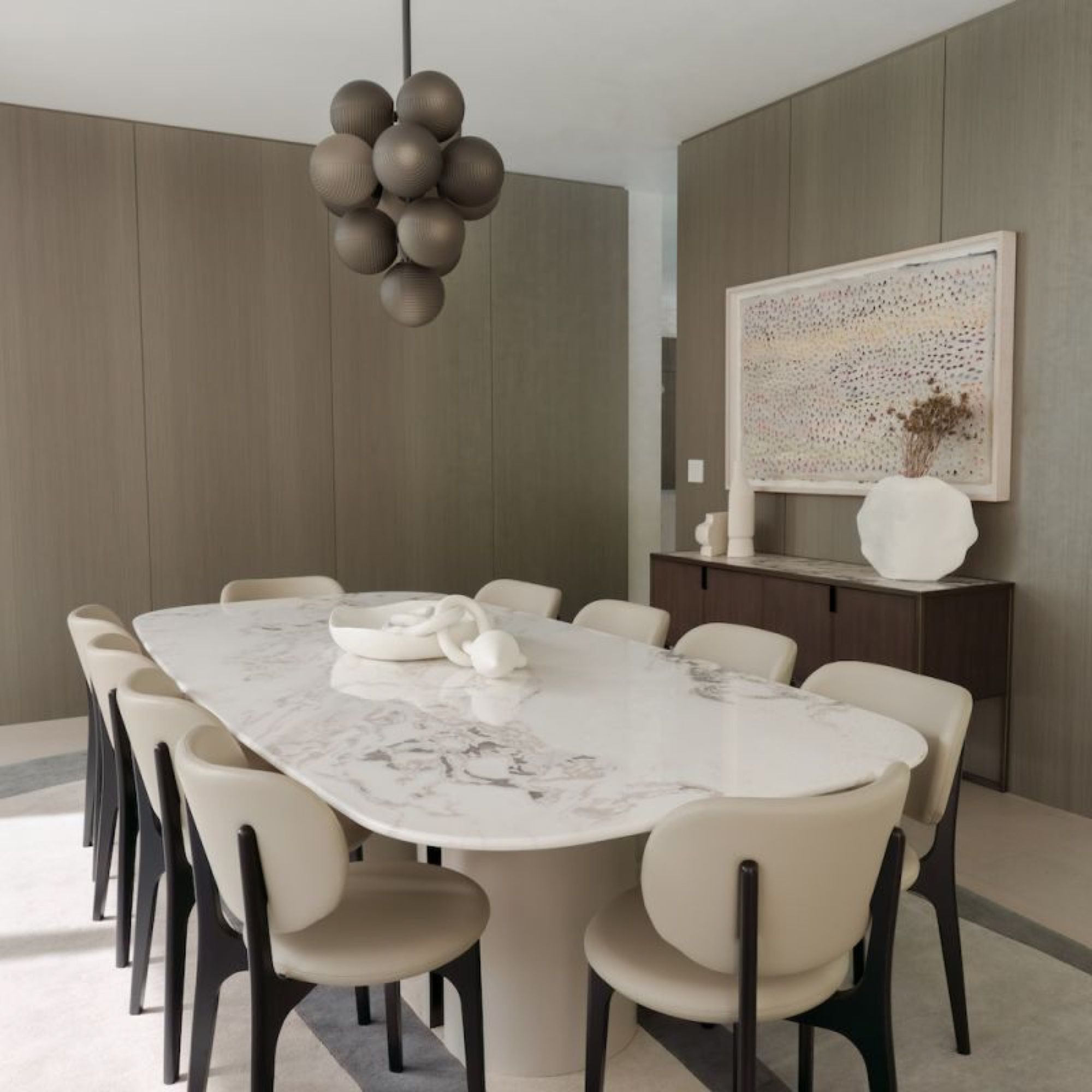 Dining room with sculptural pendant, Cocoplum, Coral Gables